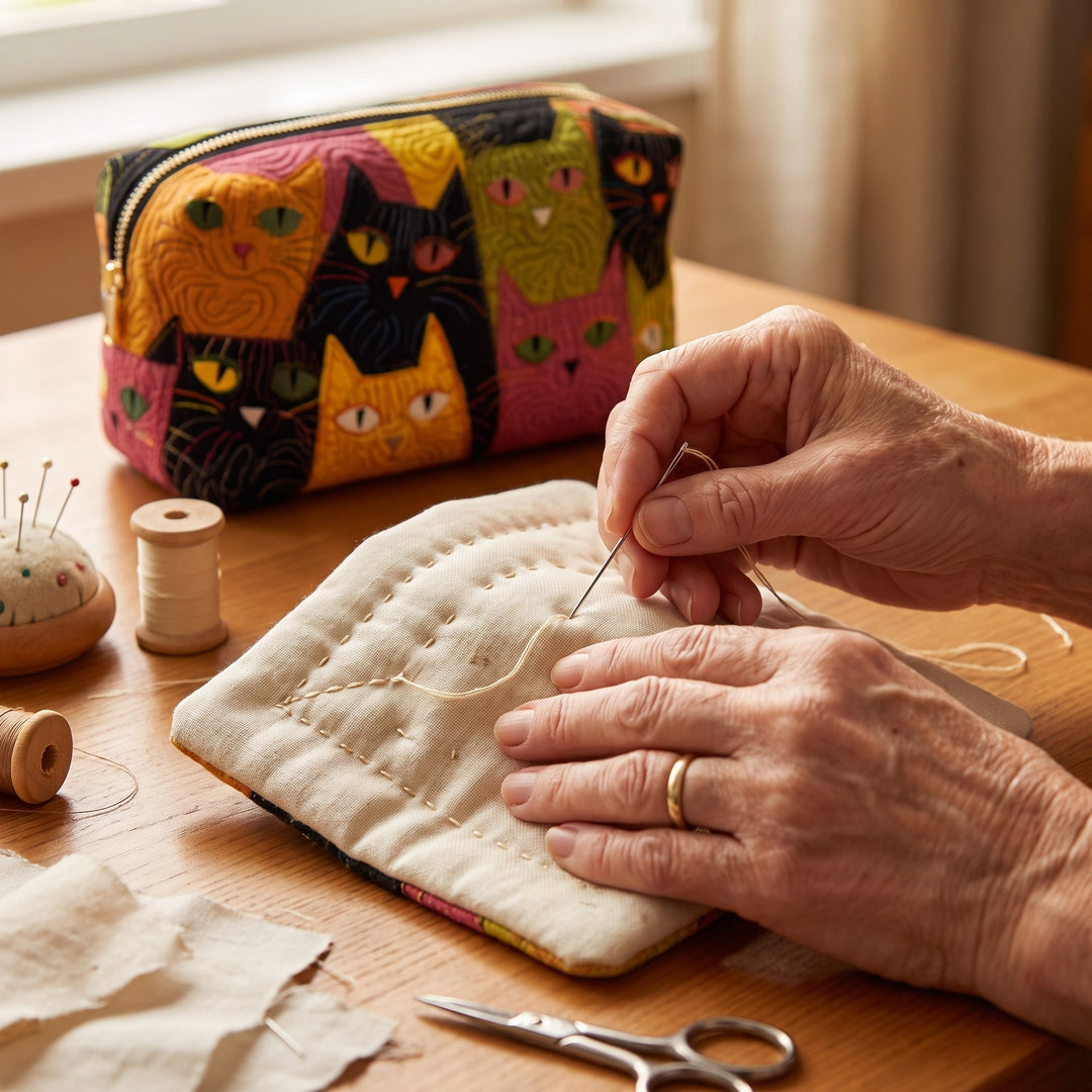 Cat Garden Quilted Makeup Bag — hand-quilting close-up
