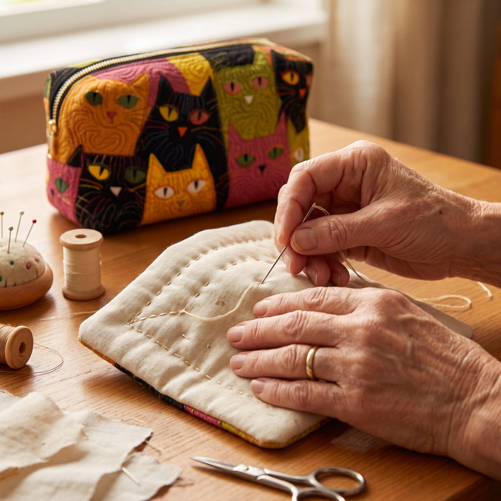 Cat Garden Quilted Makeup Bag — hand-quilting close-up