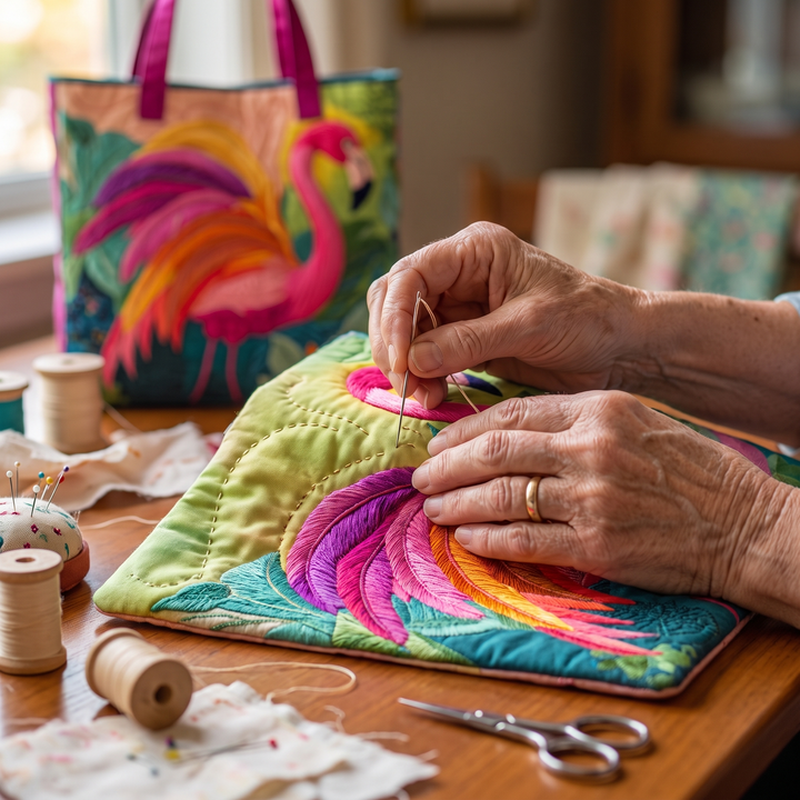 Quilted Tote Bag - Rainbow Flamingo — hand-quilting close-up