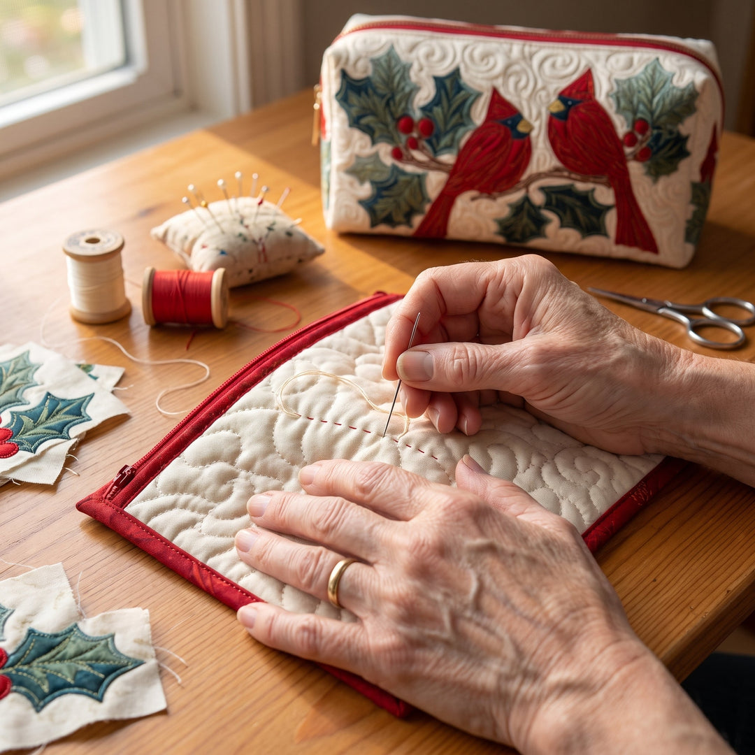 Red Feather Quilted Makeup Bag — hand-quilting close-up