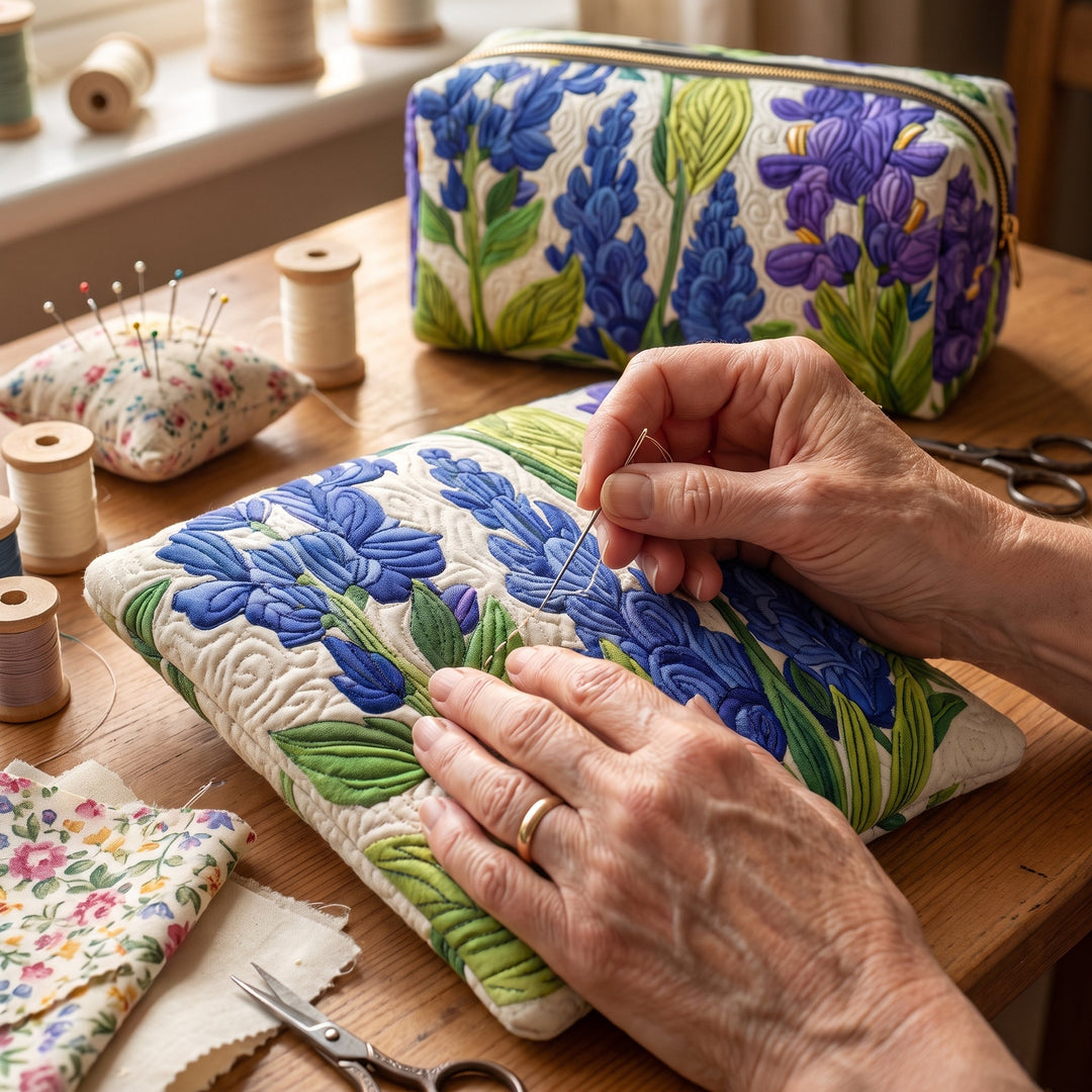 Bloom of Light Quilted Makeup Bag — hand-quilting close-up