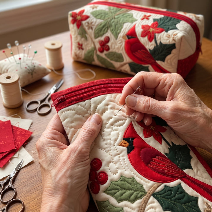 Holly Cardinal Quilted Makeup Bag — hand-quilting close-up