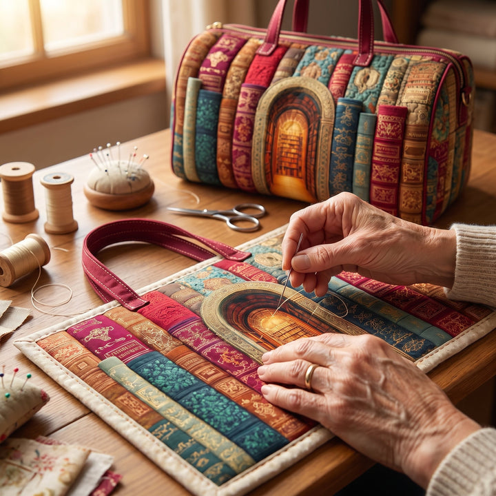 Hidden Library Quilted Duffle Bag — hand-quilting close-up