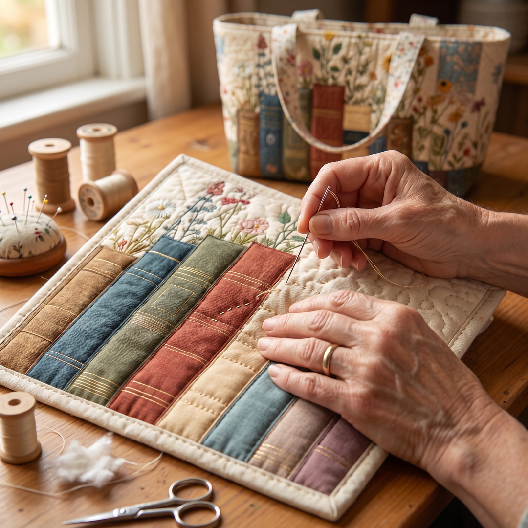 Artisan Quilted Bag - Books and Flowers — hand-quilting close-up