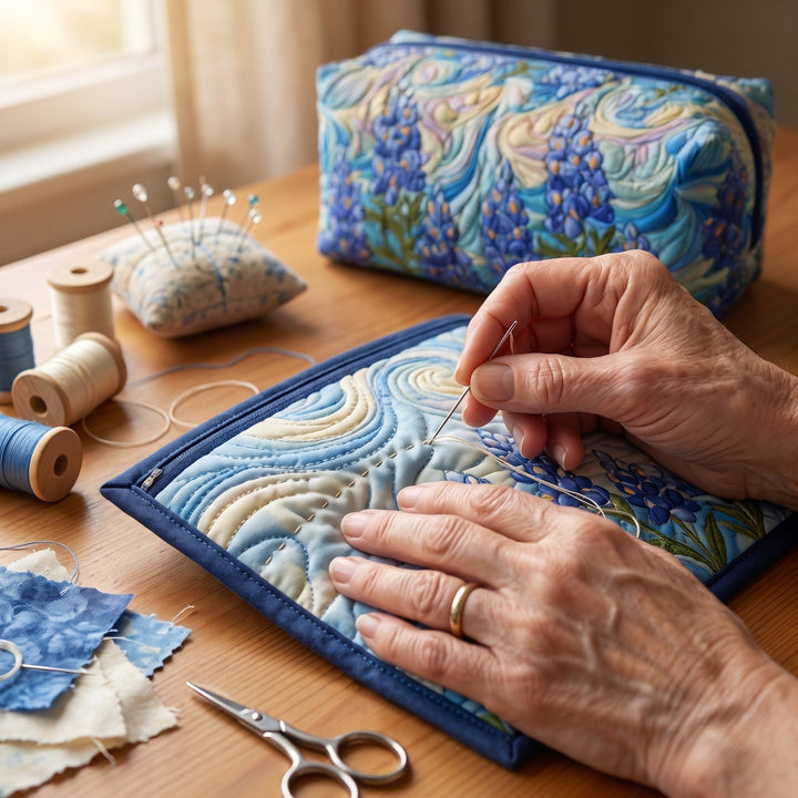 Floral Swirl Quilted Makeup Bag — hand-quilting close-up