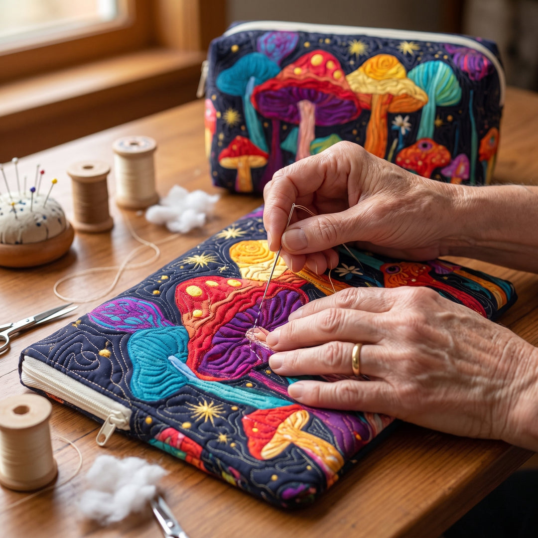 Groovy Shroom Quilted Makeup Bag — hand-quilting close-up