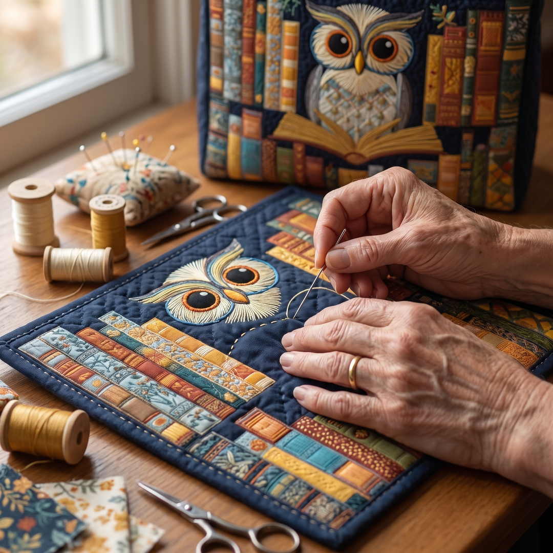 Artisan Tote - Owl and Vintage Books — hand-quilting close-up