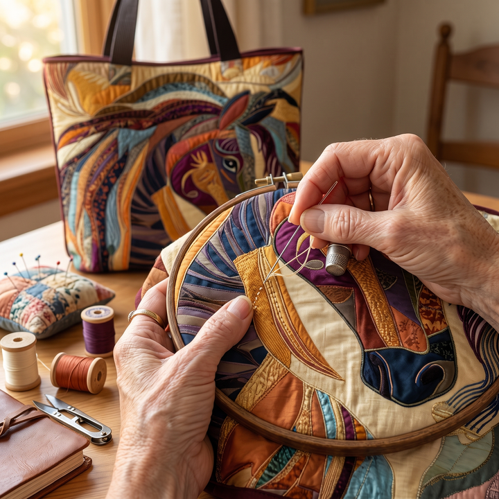 Artisanal Bag - Multicolored Mosaic Horse — hand-quilting close-up