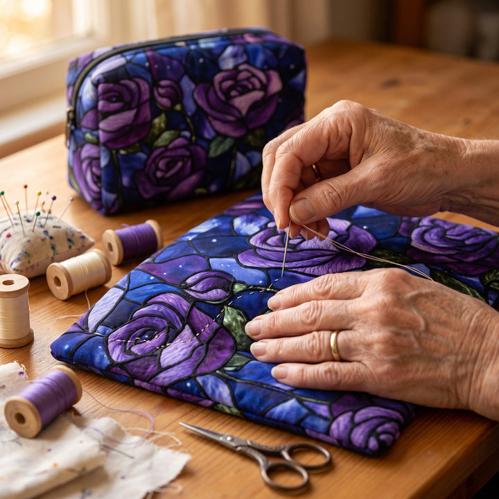 Midnight Rose Quilted Makeup Bag — hand-quilting close-up