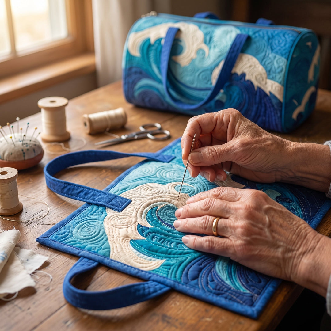 Rising Wave Quilted Duffle Bag — hand-quilting close-up