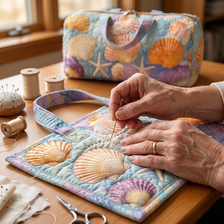 Shoreline Shells Quilted Duffle Bag — hand-quilting close-up