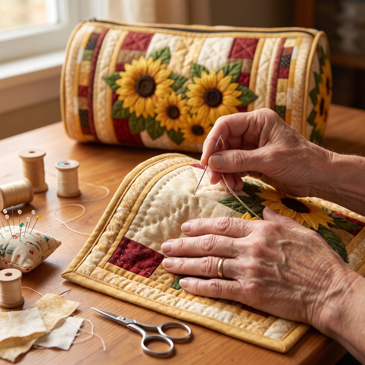 Warm Light Quilted Duffle Bag — hand-quilting close-up