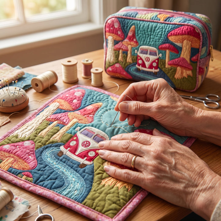 Cosmic Hippie Dream Quilted Makeup Bag — hand-quilting close-up