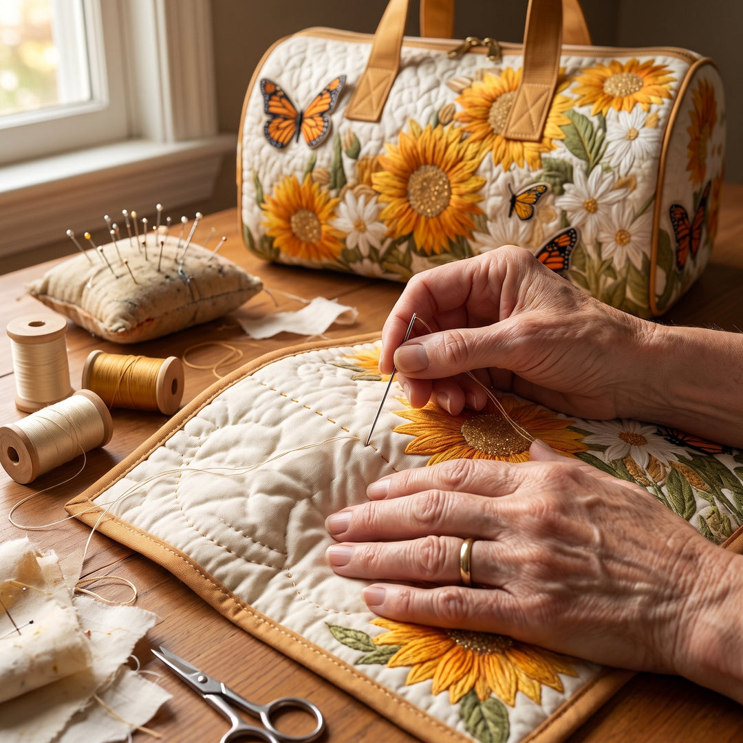 Bright Fields Quilted Duffle Bag — hand-quilting close-up