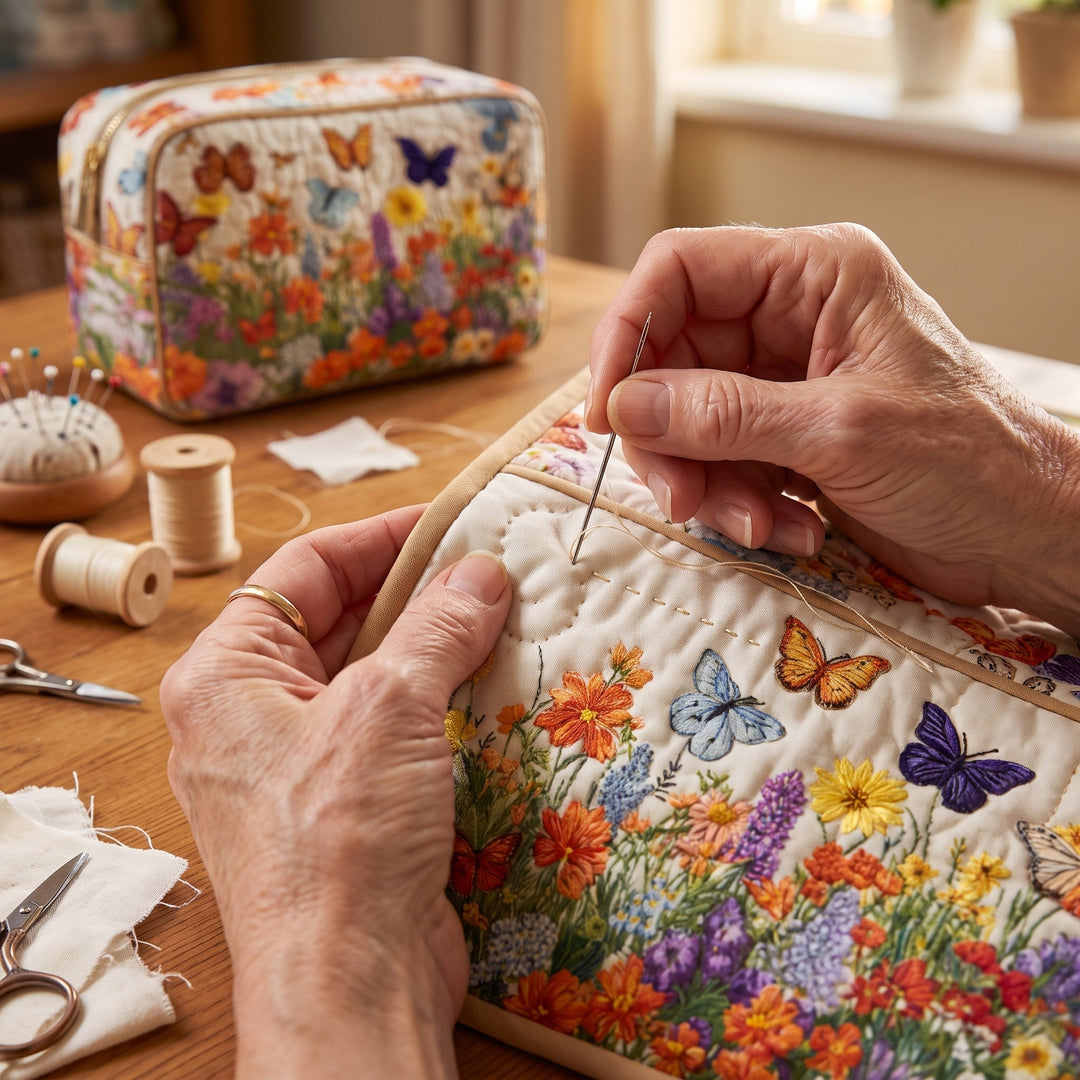 Bloom Garden Quilted Makeup Bag — hand-quilting close-up