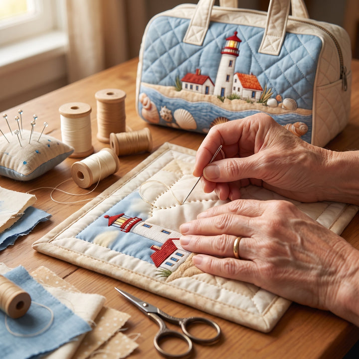 Seaside Glow Quilted Duffle Bag — hand-quilting close-up