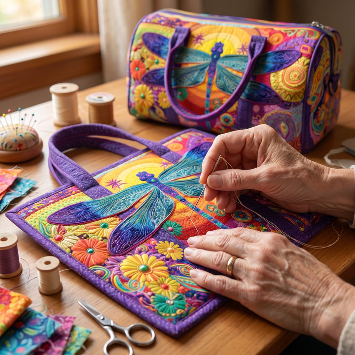 Silken Skies Quilted Duffle Bag — hand-quilting close-up