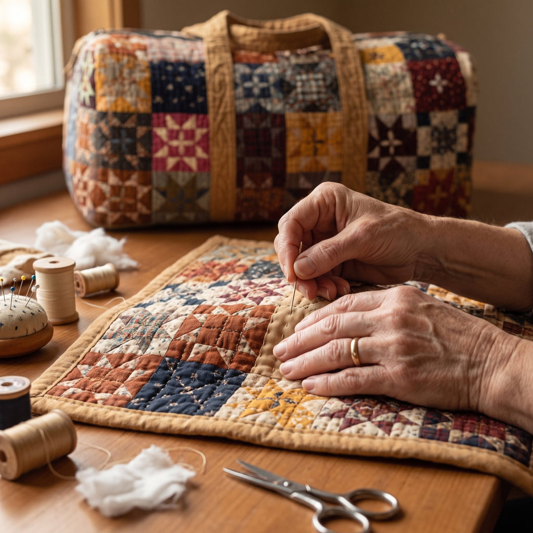 Whispering Garden Quilted Duffle Bag — hand-quilting close-up