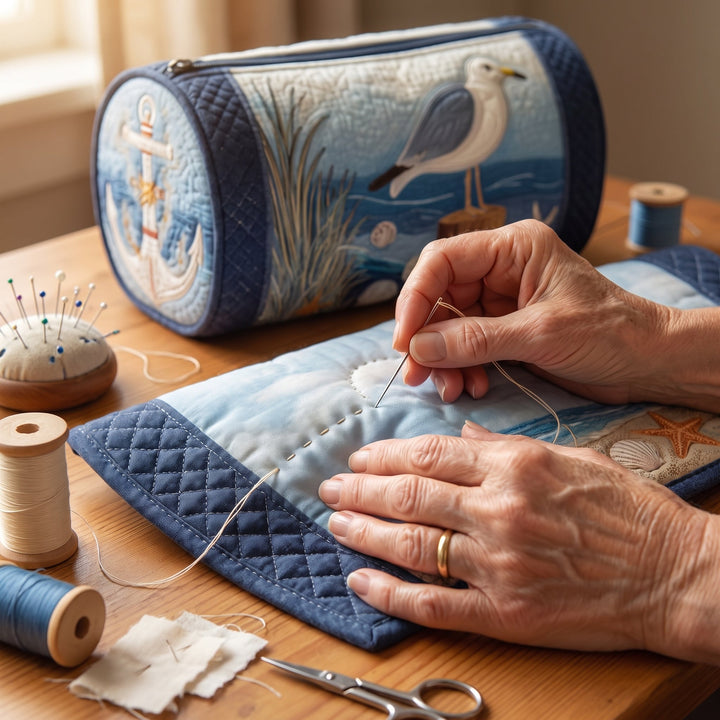 Coastal Gull Quilted Duffle Bag — hand-quilting close-up