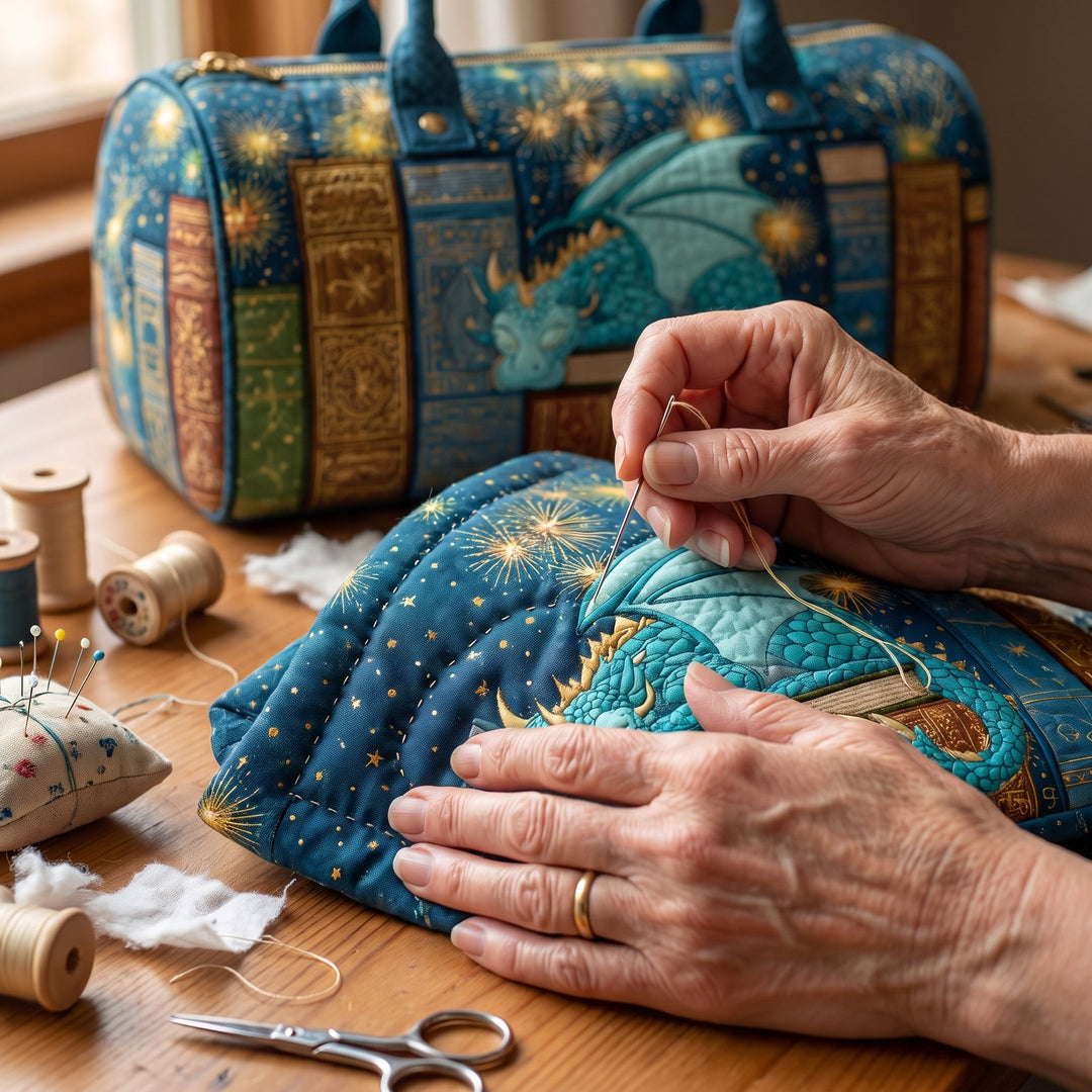 Dragon Tome Quilted Duffle Bag — hand-quilting close-up