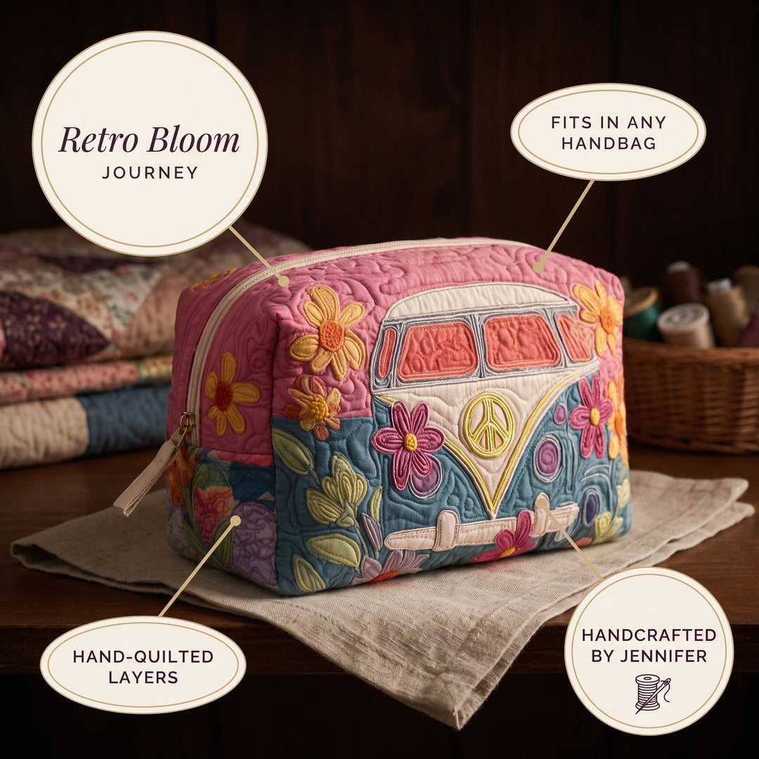 Retro Bloom Journey Quilted Makeup Bag — details