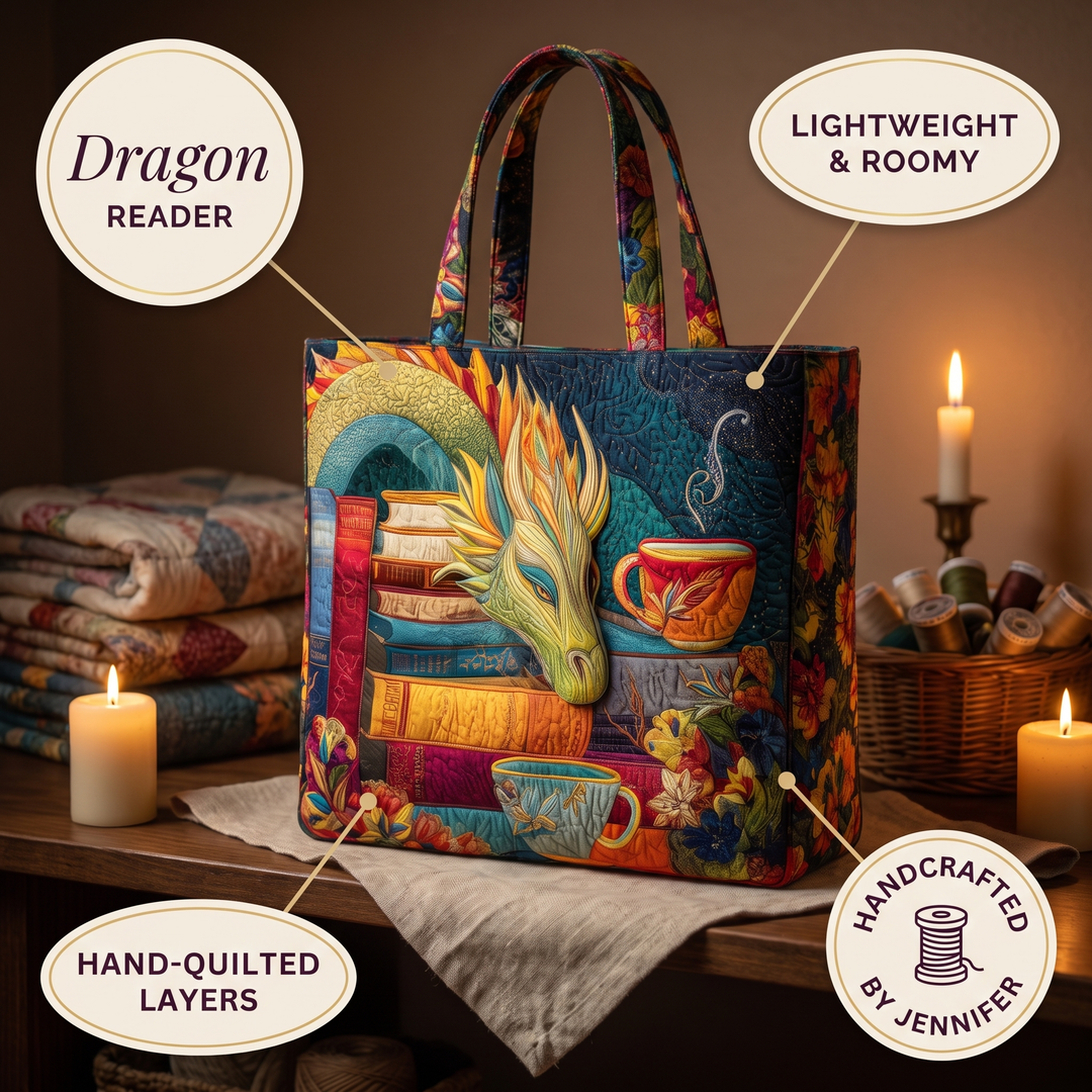 Artisan Bag - Dragon Reader with Books and Mugs — details