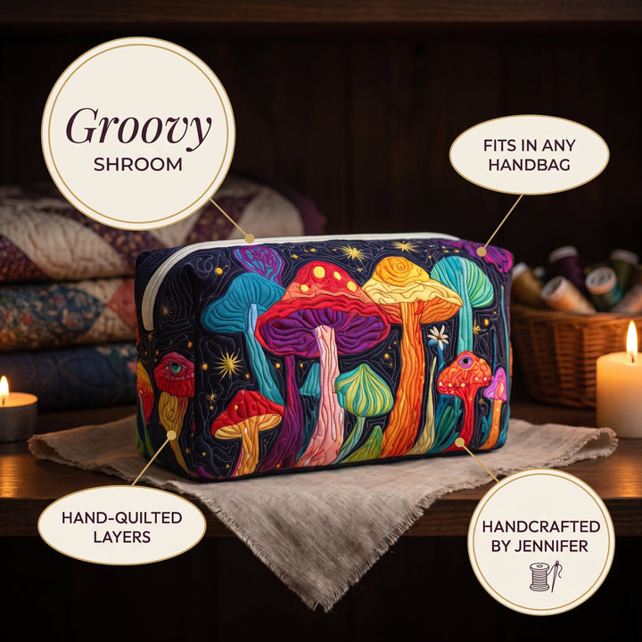 Groovy Shroom Quilted Makeup Bag — details