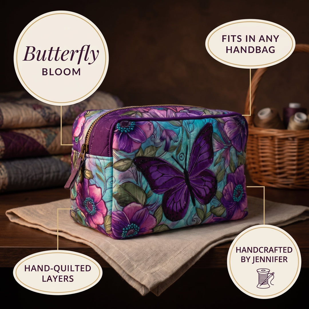 Butterfly Bloom Quilted Makeup Bag — details
