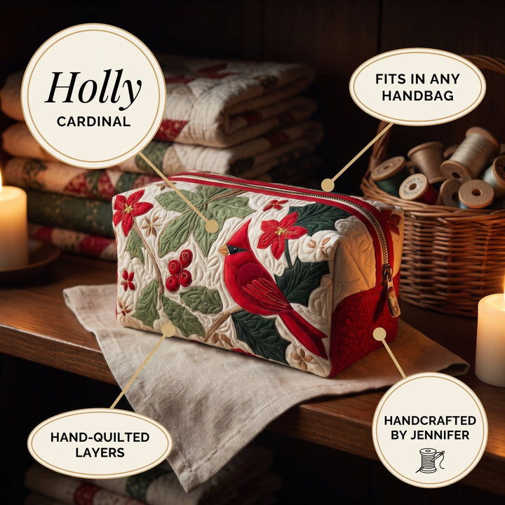 Holly Cardinal Quilted Makeup Bag — details