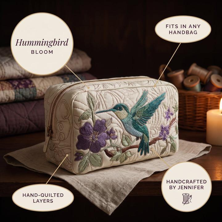 Hummingbird Bloom Quilted Makeup Bag — details