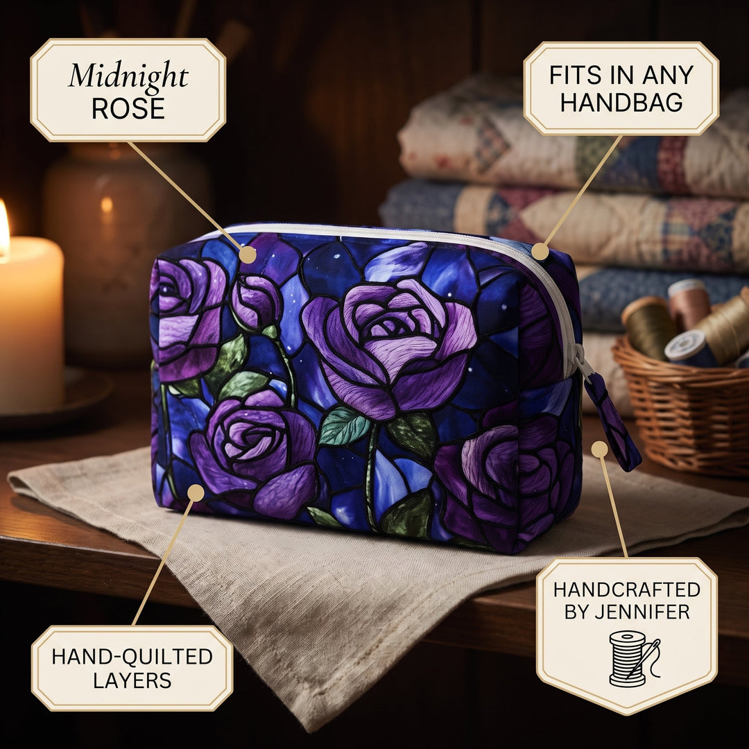 Midnight Rose Quilted Makeup Bag — details