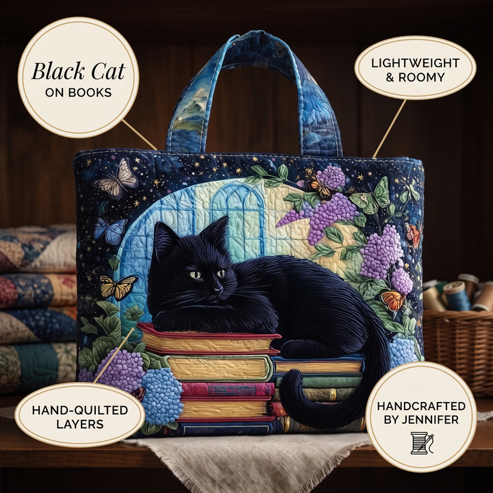 Artisanal Bag - Black Cat on Books — details