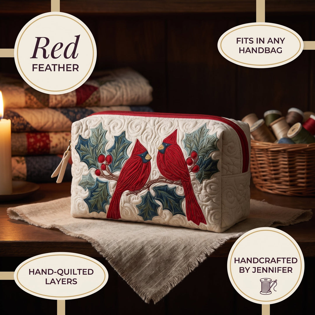 Red Feather Quilted Makeup Bag — details
