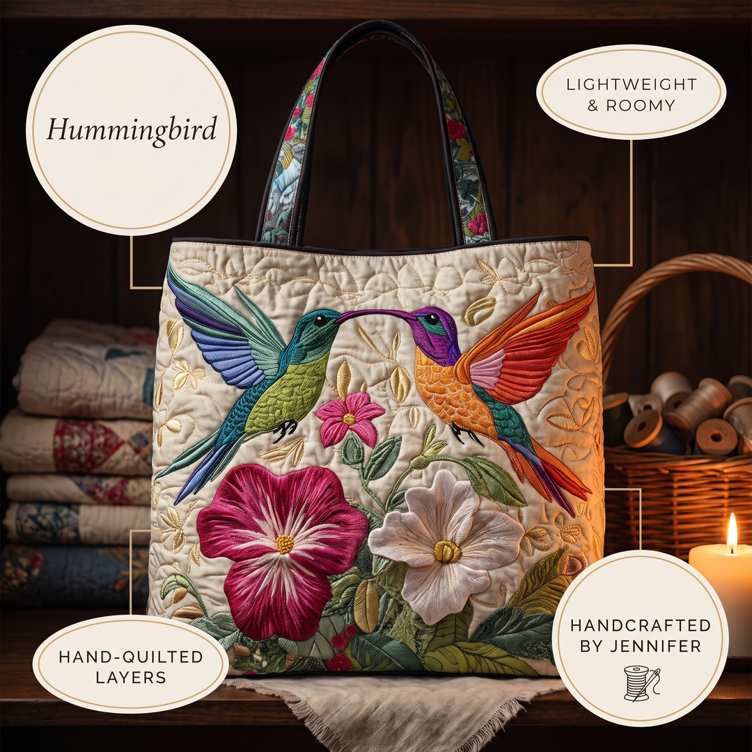 Quilted Bag - Hummingbird and White Flowers — details