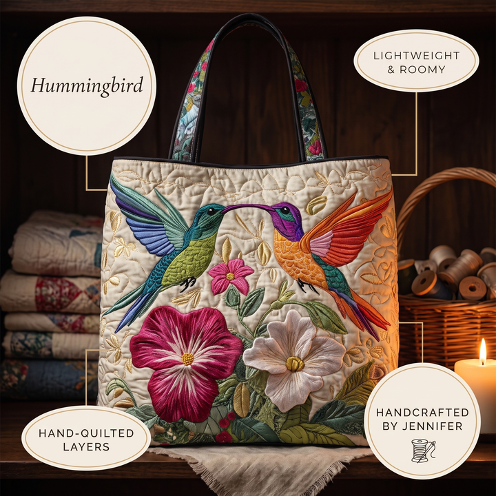 Quilted Bag - Hummingbird and White Flowers — details