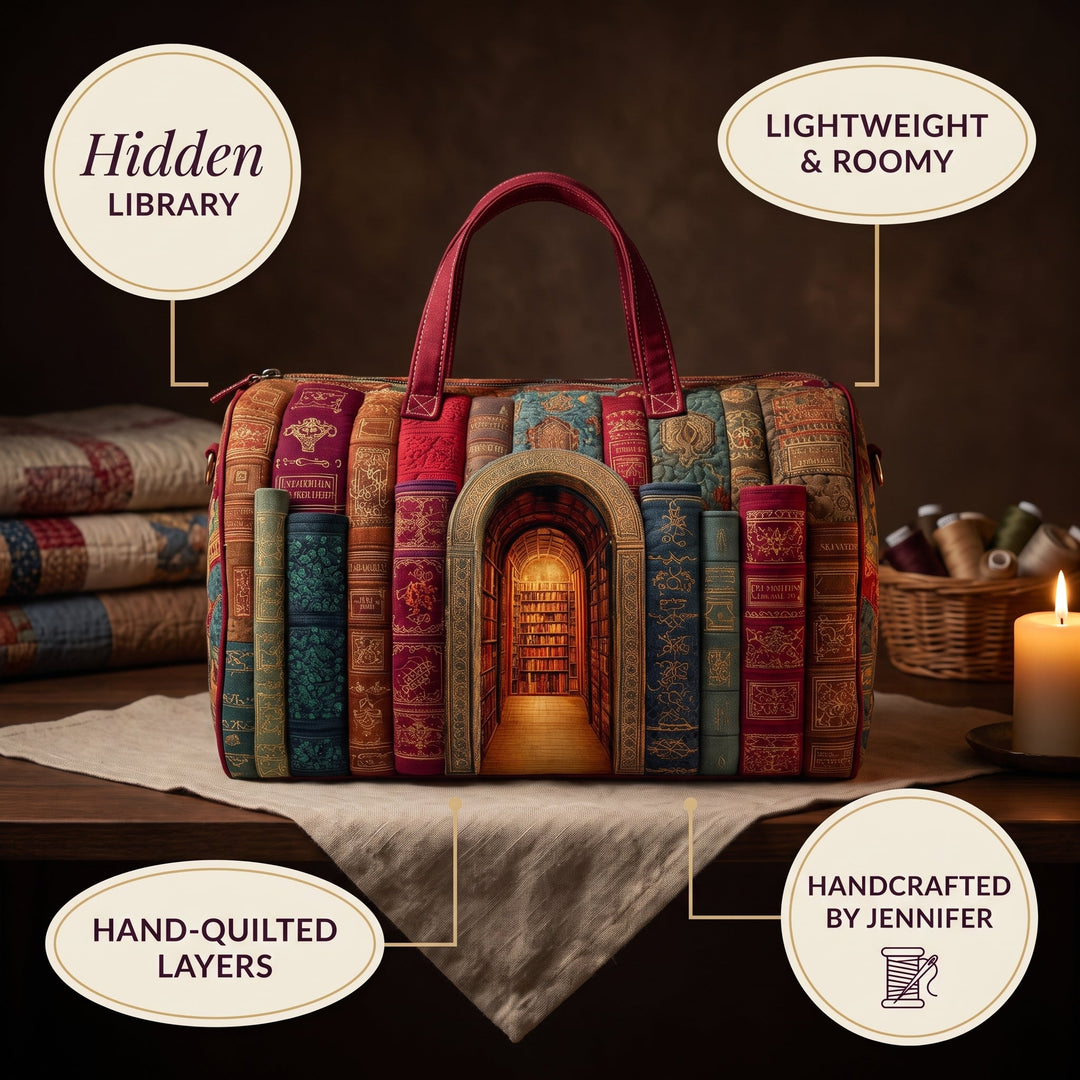 Hidden Library Quilted Duffle Bag — details