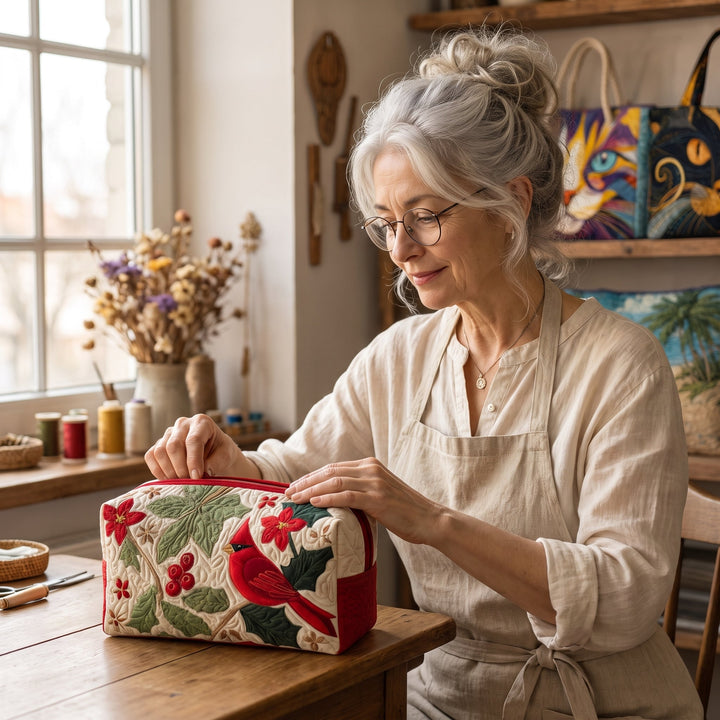 Holly Cardinal Quilted Makeup Bag — handcrafted by Jennifer