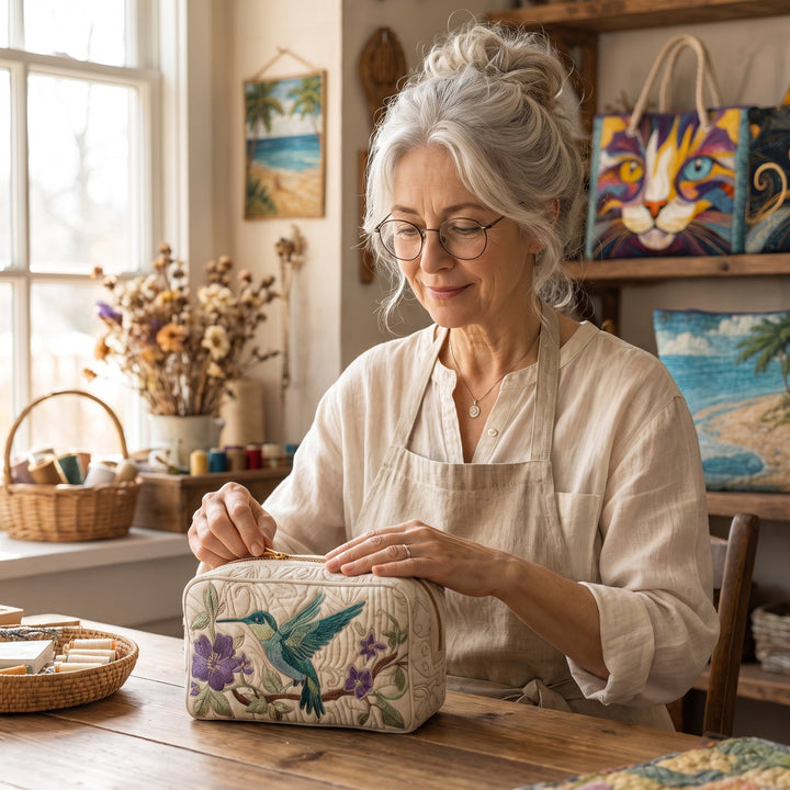 Hummingbird Bloom Quilted Makeup Bag — handcrafted by Jennifer