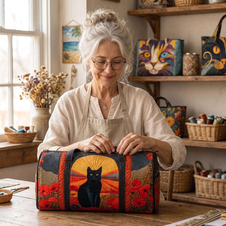 Sunset Cat Quilted Duffle Bag — handcrafted by Jennifer