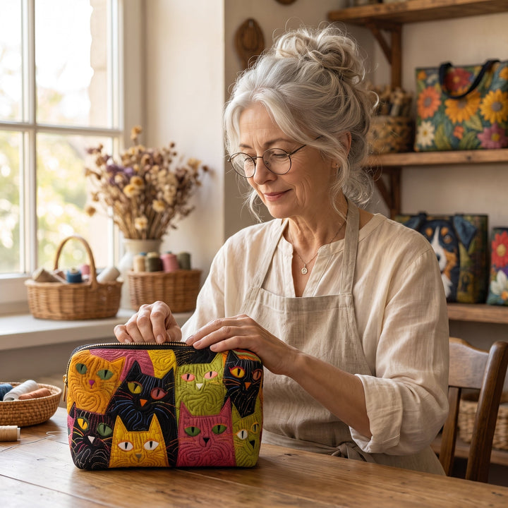 Cat Garden Quilted Makeup Bag — handcrafted by Jennifer