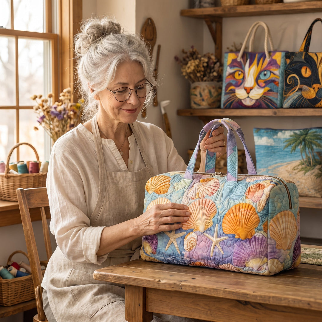 Shoreline Shells Quilted Duffle Bag — handcrafted by Jennifer