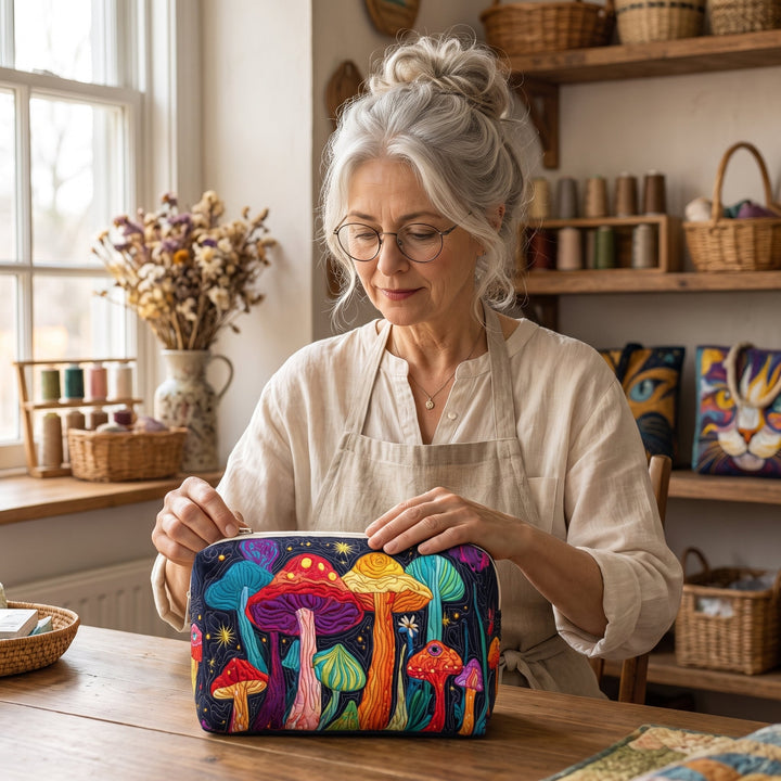 Groovy Shroom Quilted Makeup Bag — handcrafted by Jennifer