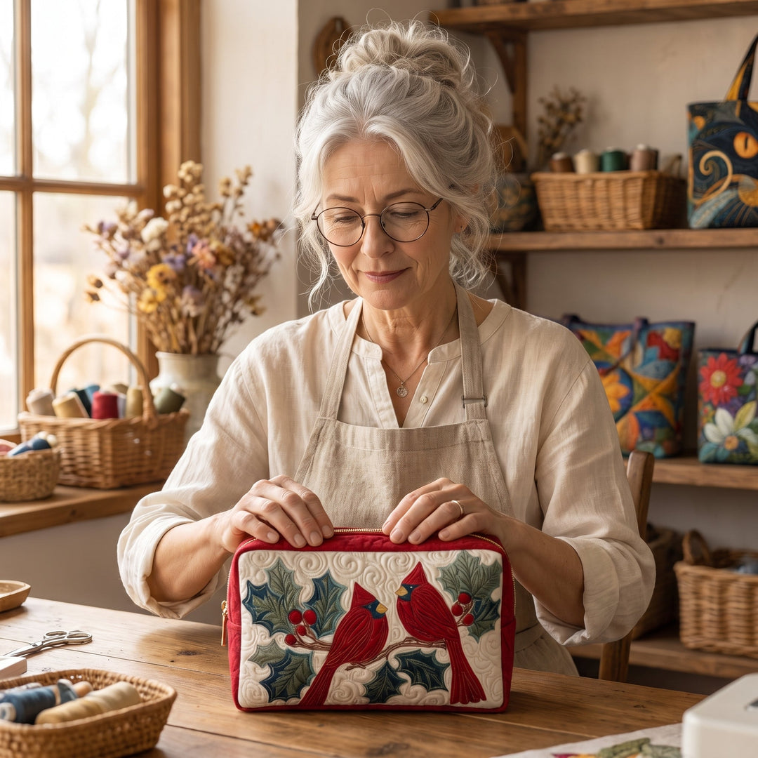 Red Feather Quilted Makeup Bag — handcrafted by Jennifer