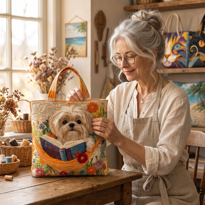 Artisanal Bag - Shih Tzu with Books and Flowers — handcrafted by Jennifer