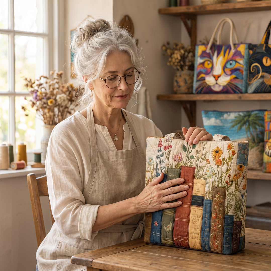 Artisan Quilted Bag - Books and Flowers — handcrafted by Jennifer