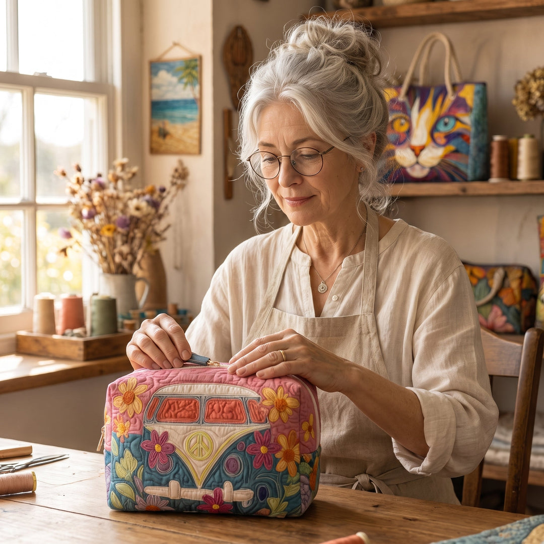Retro Bloom Journey Quilted Makeup Bag — handcrafted by Jennifer