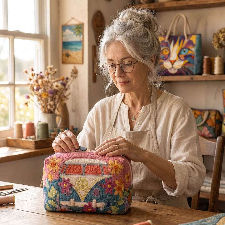 Retro Bloom Journey Quilted Makeup Bag — handcrafted by Jennifer
