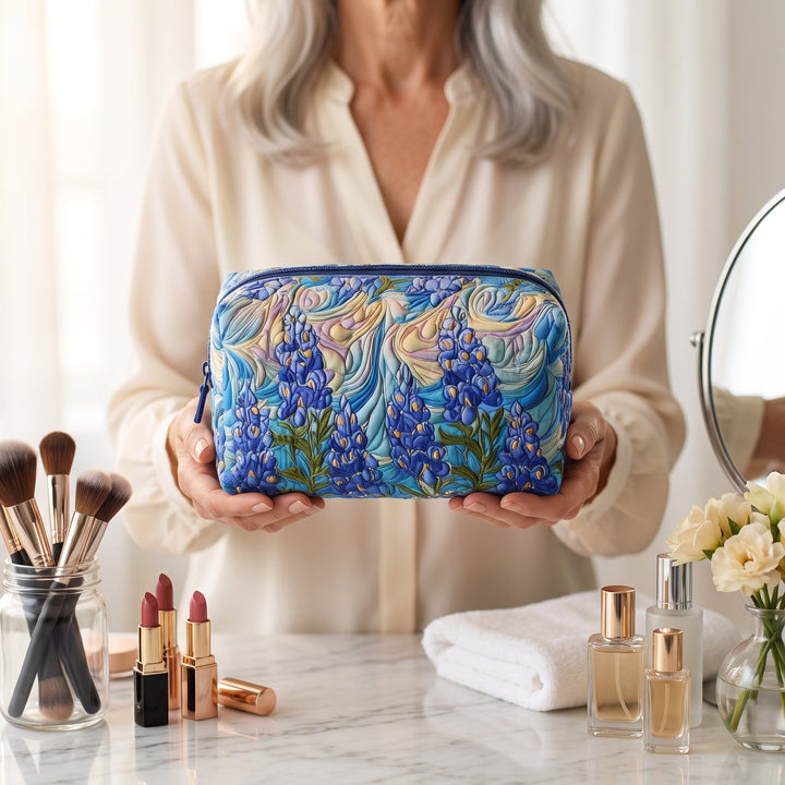 Floral Swirl Quilted Makeup Bag — in use