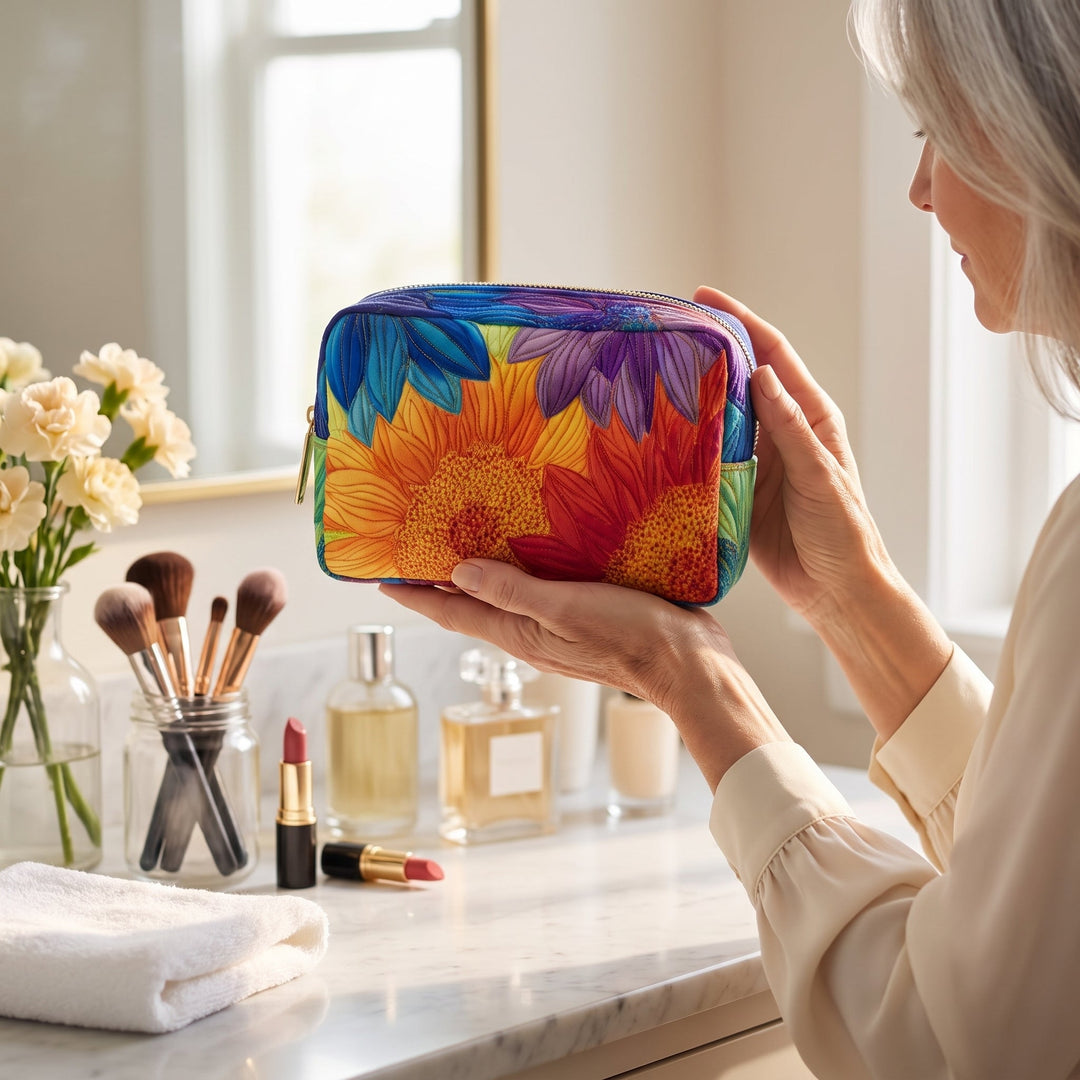 Summer Bloom Quilted Makeup Bag — in use