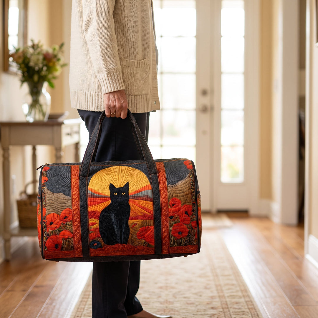 Sunset Cat Quilted Duffle Bag — in use